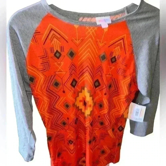 Lularoe small orange southwest‎ pattern Randy baseball style T. grey sleeve NWT - Picture 1 of 7
